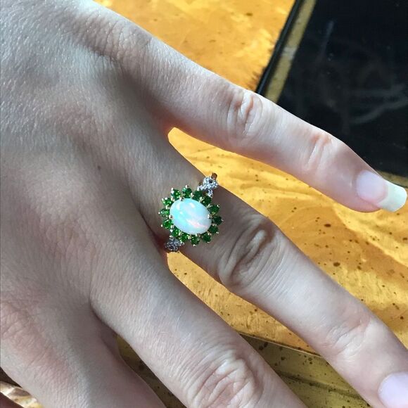 Natural Ethiopian Opal Chrome Diopside Sterling Silver Halo Ring Size 5.75 - Picture 3 of 8